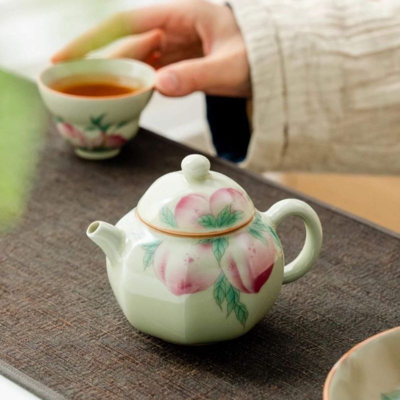 Hand-Painted Peach of Longevity Octagonal Teapot 150ml