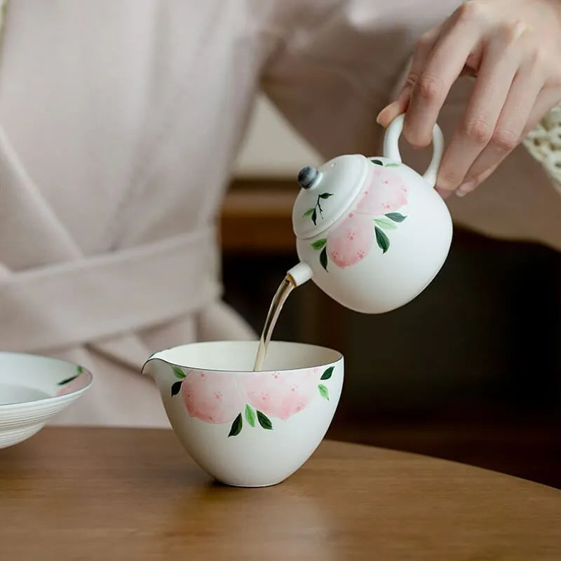 Hand-Painted Pink-Laced Peach Longevity Round 'Dan' Teapot 150ml