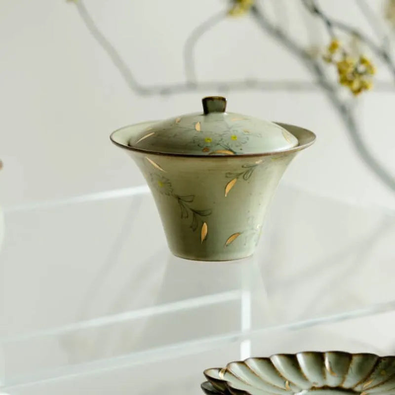 Antique-Style Gold-Lined Hand-Painted Daisy Lidded Bowl 120ml