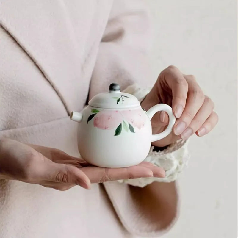 Hand-Painted Pink-Laced Peach Longevity Round 'Dan' Teapot 150ml